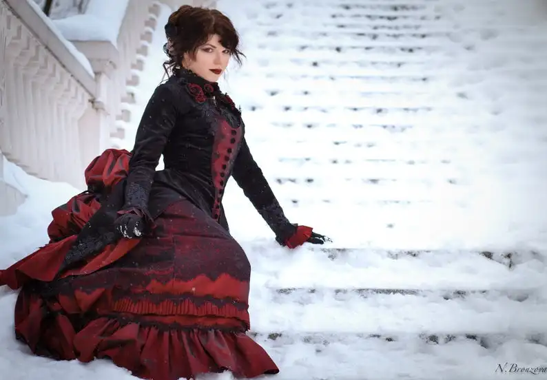 Vestido de boda gótico Vintage negro y Burdeos, traje Victoriano de manga larga para caminar, falda de busto y chaqueta de terciopelo, vestidos de novia