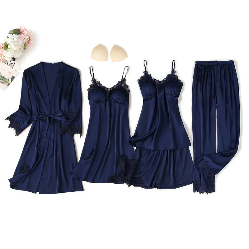 Women Satin Sleepwear 5Pcs Suit Autumn Lace Trim Pajama Pyjama Set Summer New Nightwear Casual Home Wear Lingerie Suit