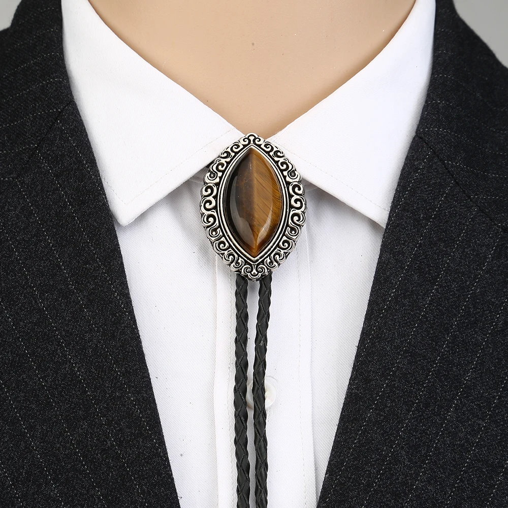 

Western cowboy BOLO TIE suit accessories retro big eyes natural agate leather collar rope birthday banquet gift