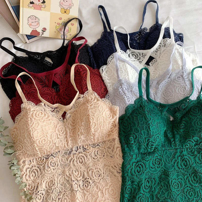 V-neck Lace Tank Top Korean Summer Style Cross Back Sexy Bra Top Feminino Green Beige Red Blue Black White Cami Top Women