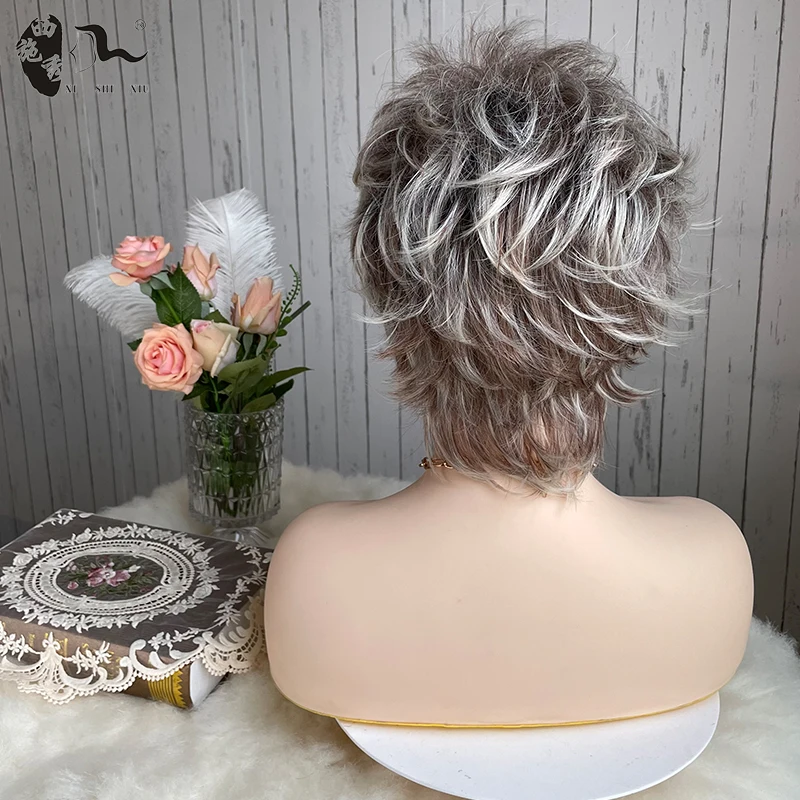 Short Mixed Grey Natural Wave Fluffy Hair Synthetic Wig With Bangs For Women Pixie Cut Natural Wavy Heat Resistant Cosplay Wigs