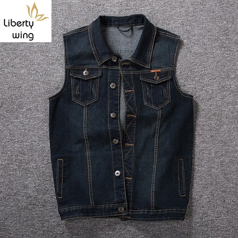 

Spring Korean Slim Fit Mens Sleeveless Denim Waistcoats Casual Fashion Single Breasted Turn Down Collar Male Vests Plus Size 8XL