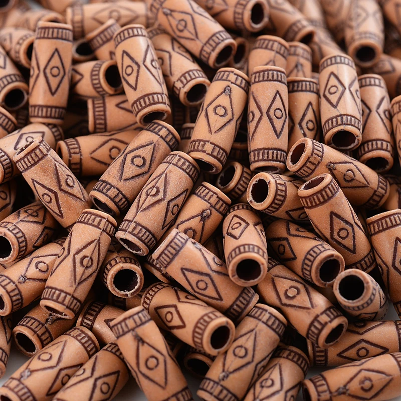 50Pcs/Lot Natural Wood Color Long Tube Big Hole Acrylic Beads Charm Stripe Pattern Wooden Beads For Jewelry Making DIY Bracelet