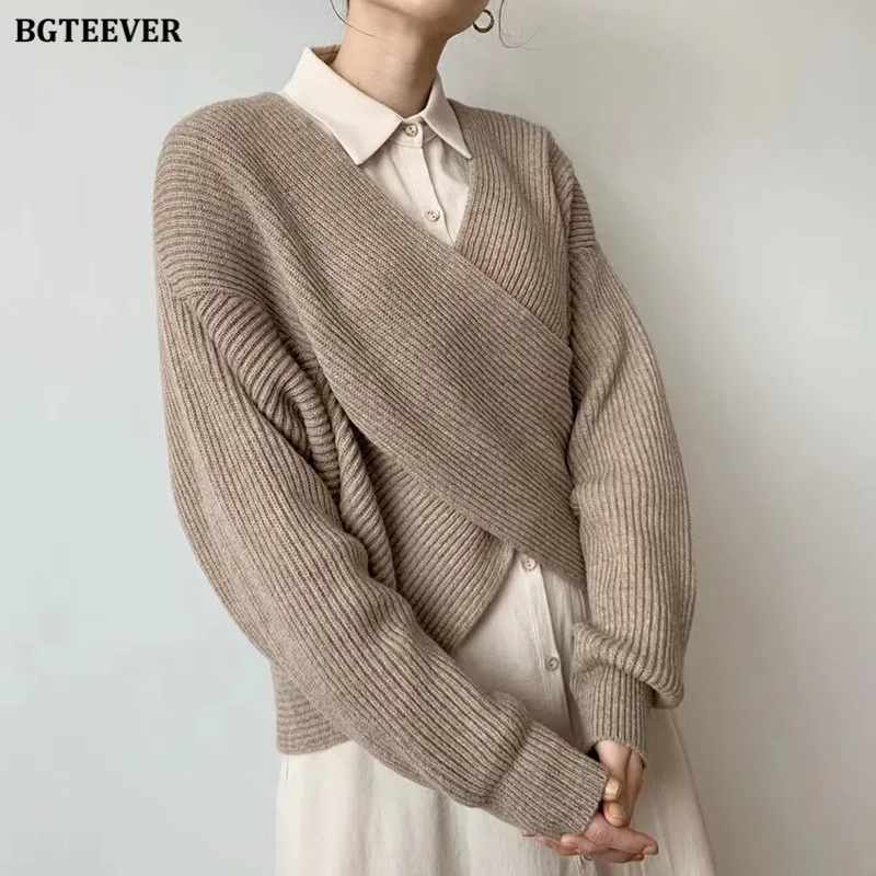 BGTEEVER Fashion V-neck Cross Women\'s Sweater Jumpers Streetwear Loose Knitwear Autumn Winter Solid Female Knitted Pullovers