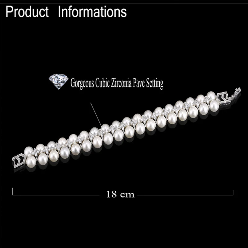 ThreeGraces New Fashion Cubic Zirconia Wide Double Row Simulated Pearl Bracelet for Women Bridal Wedding Banquet Jewelry BR384