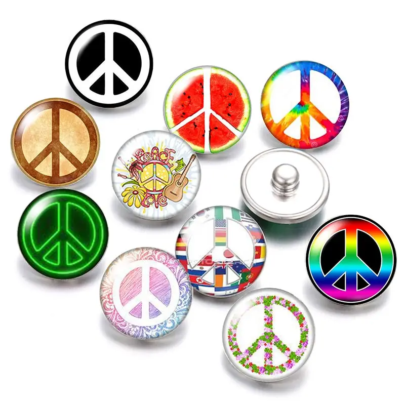 

Peace Symbol Patterns 18mm snap buttons 10pcs mixed round photo glass cabochon style for snap button jewelry