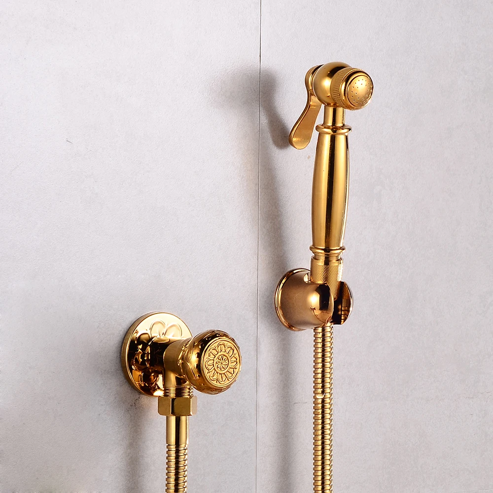 

Hand Held Bidet Sprayer Douche Kit Toilet Bidet Faucets Gold Brass Carving Shattaf Shower Head Copper Valve Set Jet Bidet Taps