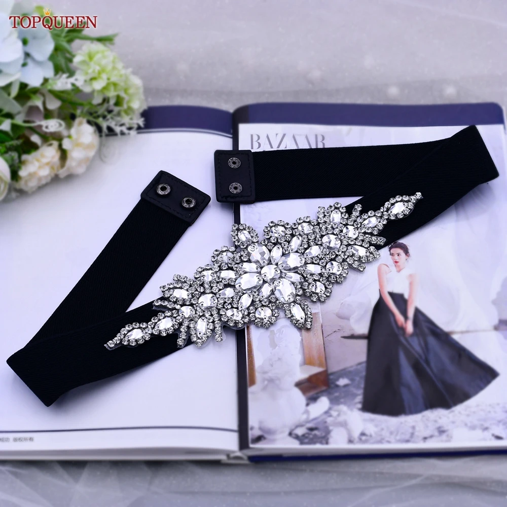 TOPQUEEN S01-B Fashion Rhinestone Girdle Women Shiny Black Elastic Belt Dress Stretch Waist Sash Bridal Wedding Accessories