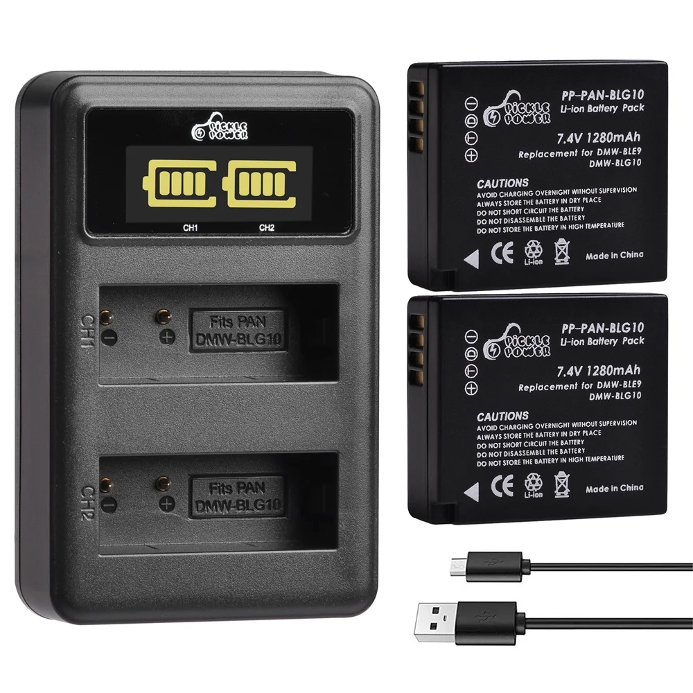 Pickle Power 1280mAh Batteries DMW-BLG10 BLG10E DMW-BLE9 + LED Dual USB Charger  for Panasonic LUMIX GF5 GF6 GX7 LX100 GX80 GX85