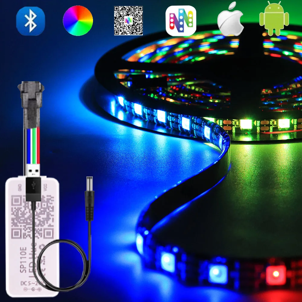 WS2812B taśmy LED kontroler Bluetooth SP110E indywidualnie adresowane inteligentne światła Led RGB DC5V z obsługa przez aplikację w telefonie