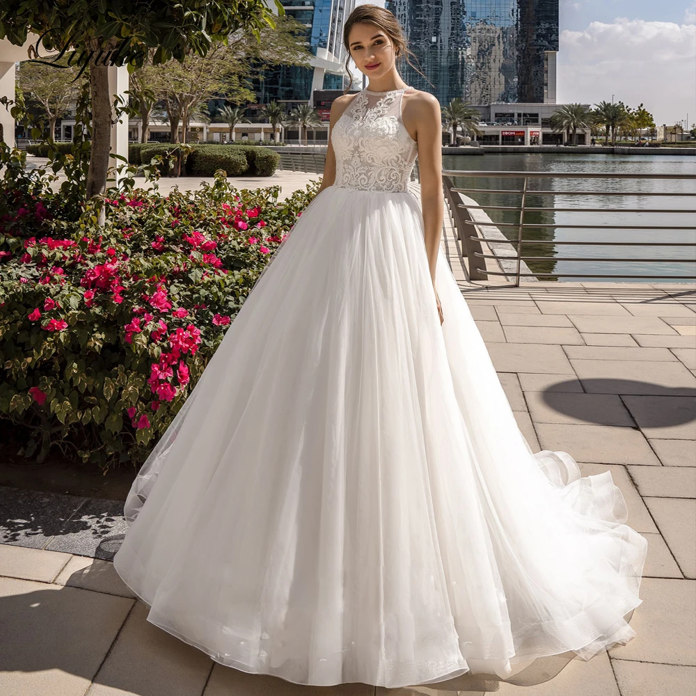 Liyuke Halter Neckline Of Rhinestone A Line Wedding Dress With Elegant Beading Luxury Wedding Gown