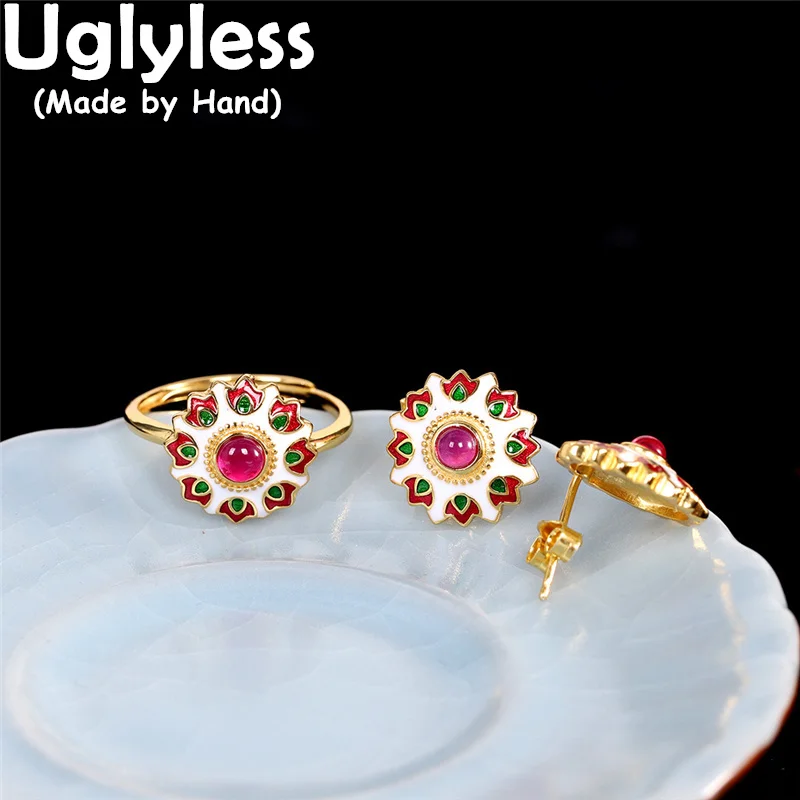 

Uglyless Passionate Island style Floral Jewelry Sets for Women 925 Silver Curundum Studs Earrings Rings Enamel Flowers Brincos
