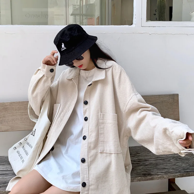 Women's Corduroy Coats New 2025 Spring Autumn Long Sleeve Loose Single-breasted Casual Shirt Jacket Tooling Outerwear Female