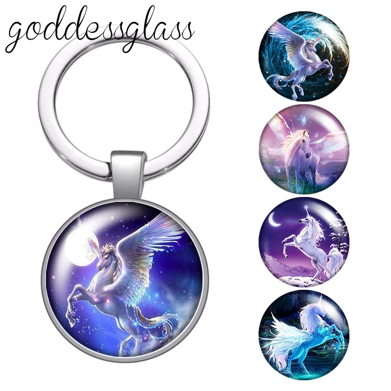 Magical Unicorn Lovely Moonlight Horse Rainbow glass cabochon keychain Bag Car key chain Ring Holder Charms keychains Gifts