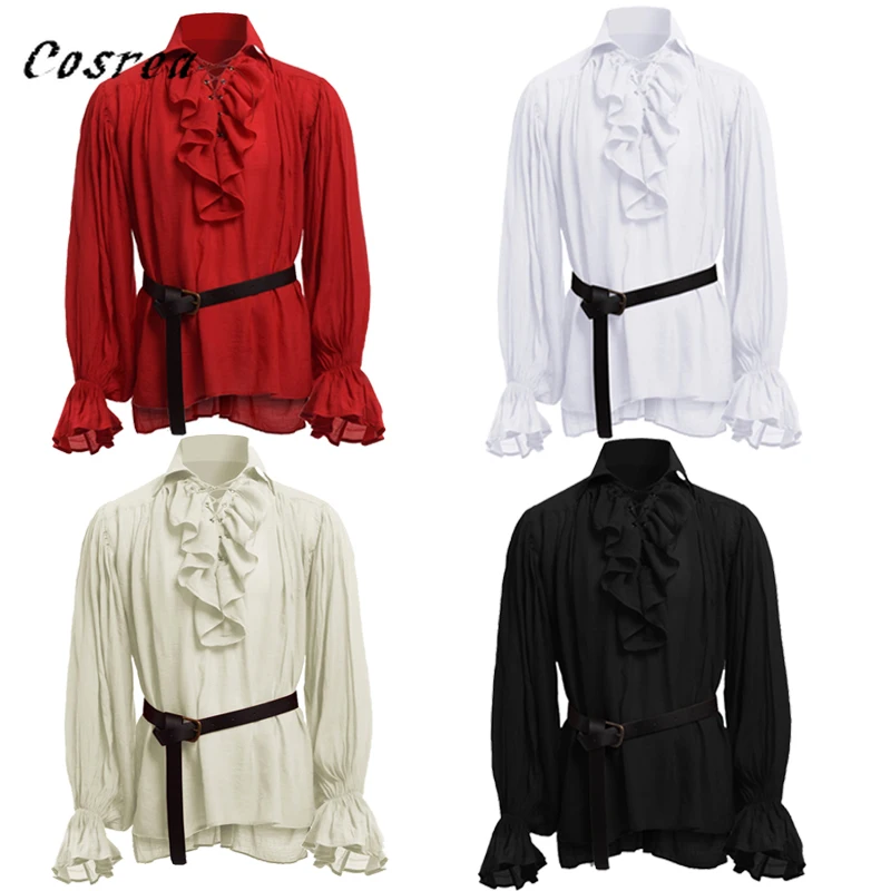 

Fashion Medieval Renaissance Lacing Up Shirt Bandage Mens Tops Vintage Costume Fluffy Ruffle Long Sleeve Shirt Male blouse