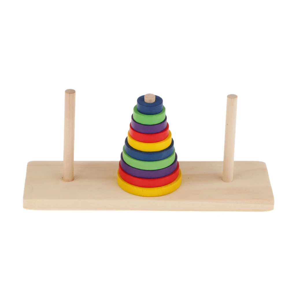 Tower of Hanoi Wooden Puzzle 10 Rings Geometric Stacker Kids Developmental Toy, 10 Colorful Pieces