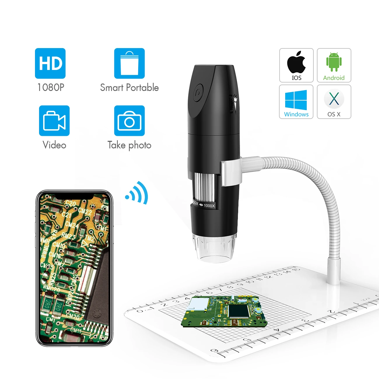 2MP 1080P 50-1000X WIFI  Digital Microscope Handheld Endoscope  for Repair Hair Skin Smartphone PCB Tool Magnifier