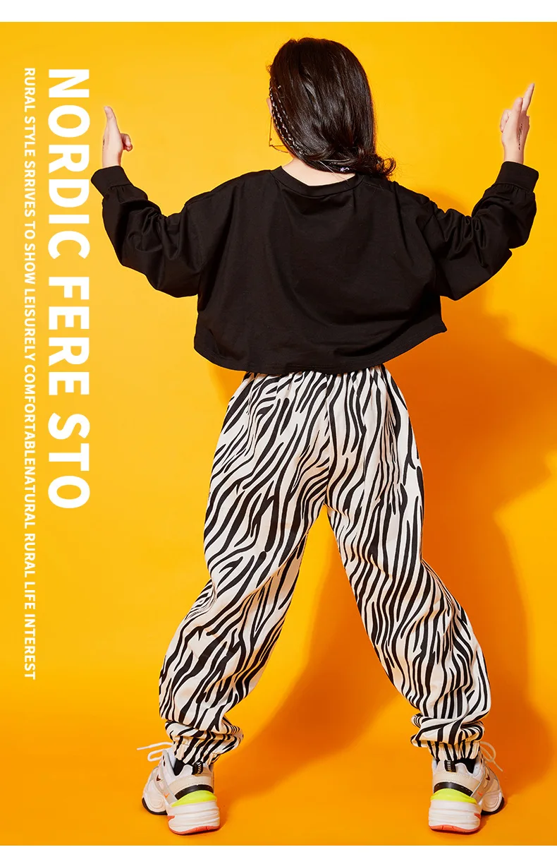 Ropa de Hip Hop para niños, Sudadera corta de manga larga con estampado de cebra, pantalones de calle para correr, disfraz de baile de Jazz para niñas