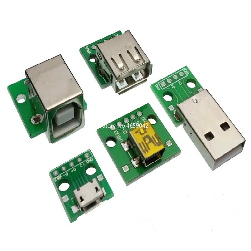 5Pcs USB Adapter PCB - DIY DIP Breadboard Modules - Type A (M / F) / B / Mini / Micro USB Connectors