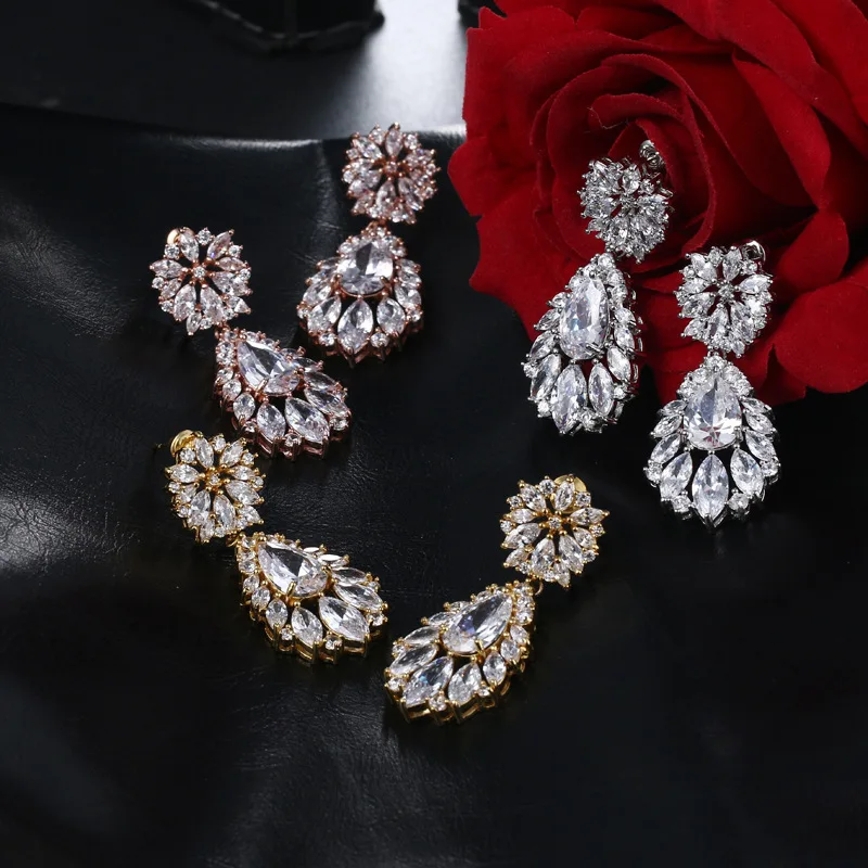 Ekopdee Cubic Zirconia Flower Drop Earrings Women Vintage Geometric Crystal Water Drop Earring Wedding Party Jewelry 2021 New