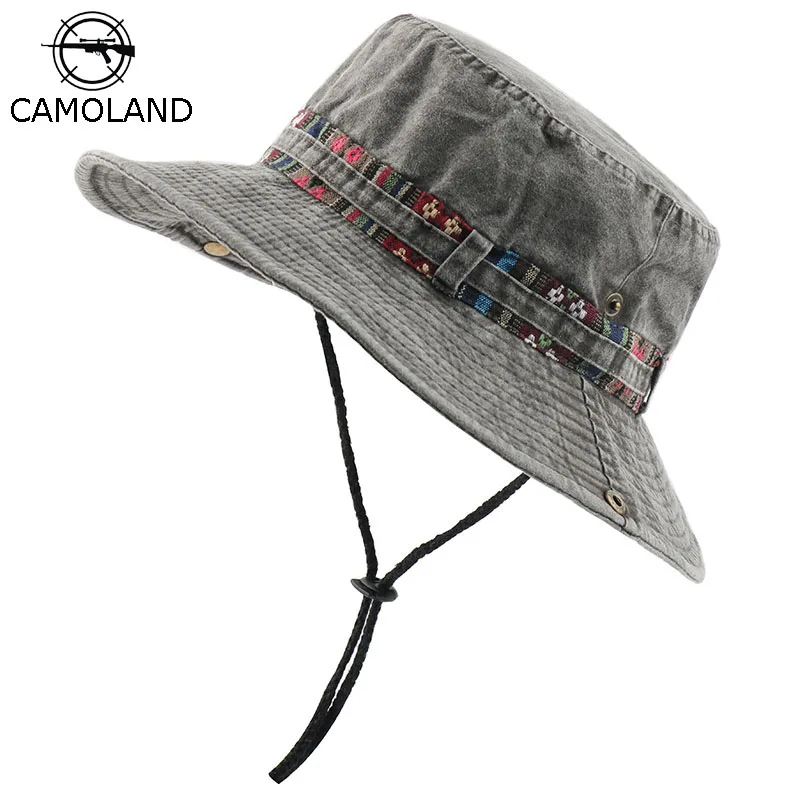 CAMOLAND 100% Cotton UV Protection Sun Hats For Women Men Fishing Hiking Bucket Hat Floral Ribbon Design Outdoor Beach Cap