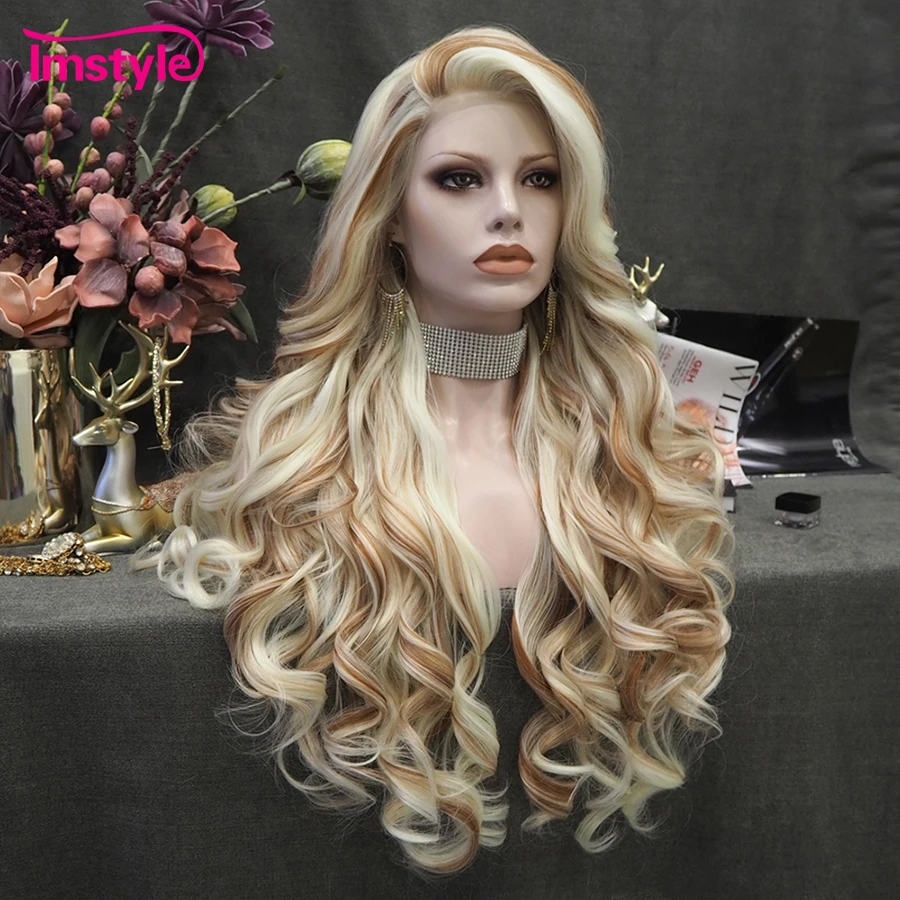 Imstyle-peruca frontal de renda sintética para mulheres, perucas onduladas longas, cabelo de fibra resistente ao calor, loiro, marrom, cor mista