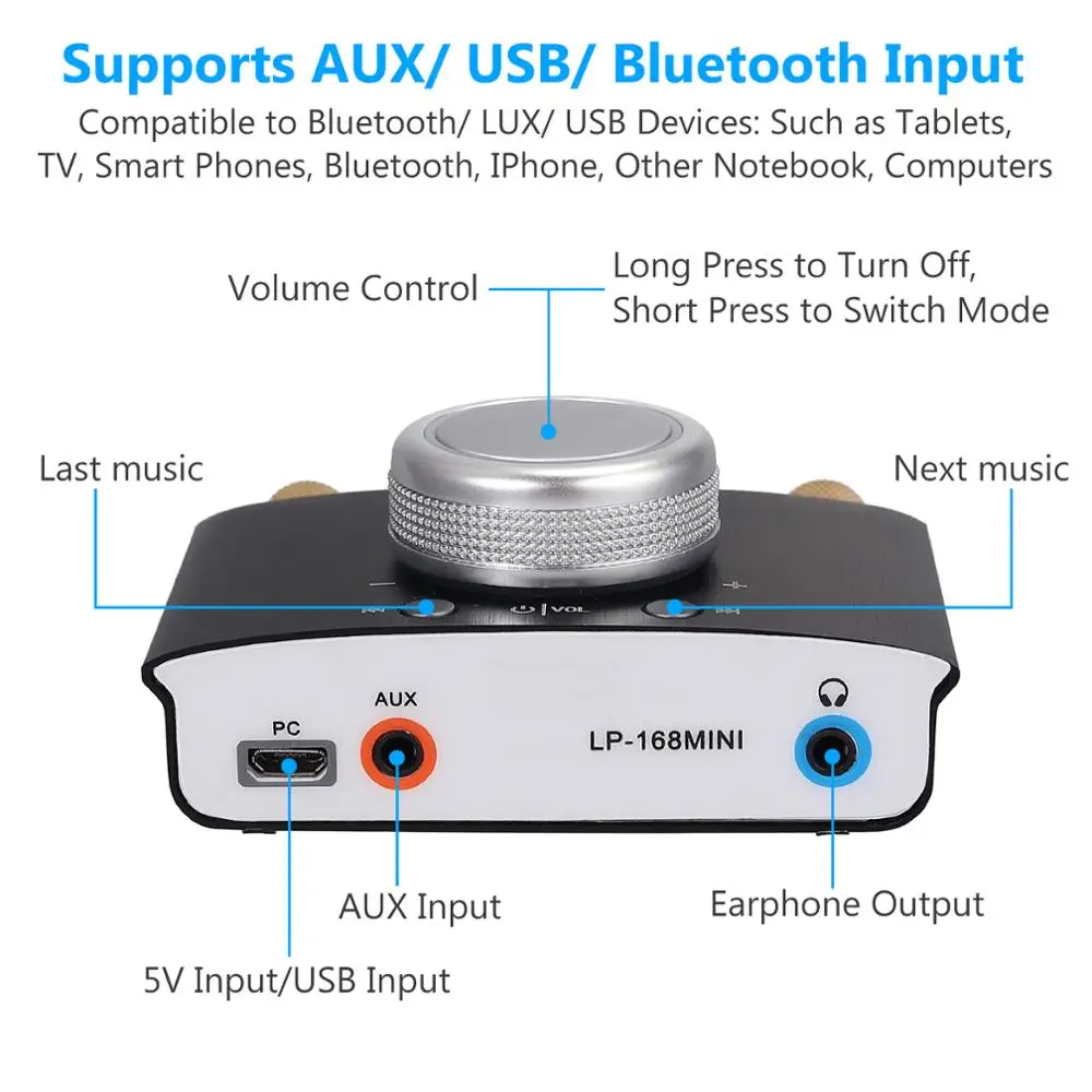 Linkfor mini bluetooth-amplificador de potência compatível sem fio receptor de áudio estéreo hi-fi digital amp 3.5mm aux cabo 2 canal 50w