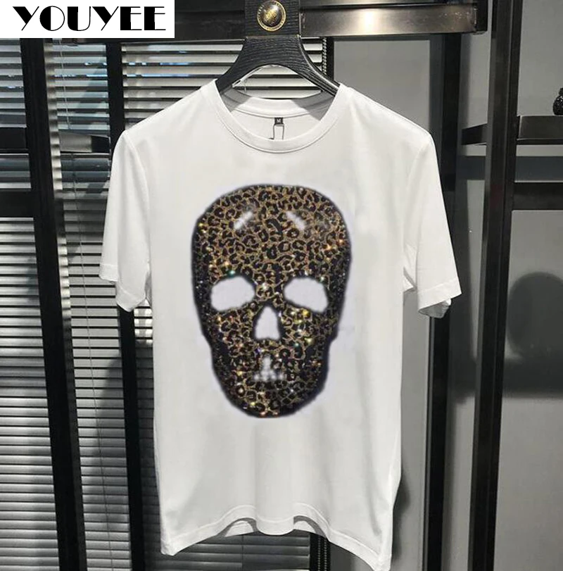 T-Shirt Men Leopard Print skull rhinestone Casual Summer New Streetwear Hip-Hop Diker O-neck Cotton Male Top Homme Clothing 5XL