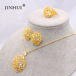 Ethiopia gold plated Dubai jewelry sets women African Party wedding gifts Necklace and Earrings ring sets 45cm Pendant gifts