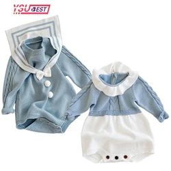 0-3YNewborn Baby Girl Clothes Kids Bodysuit Navy Collar Girls Clothing Knitting Romper Jumpsuit Warm Bow Winter Outfits Children