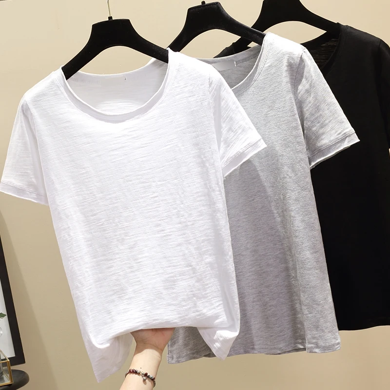 Gkfnmt Short Sleeve Tshirt Cotton Linen Shirts Woman New Loose T-shirt Women's Round Neck Tee Europe America Tees Students Tops