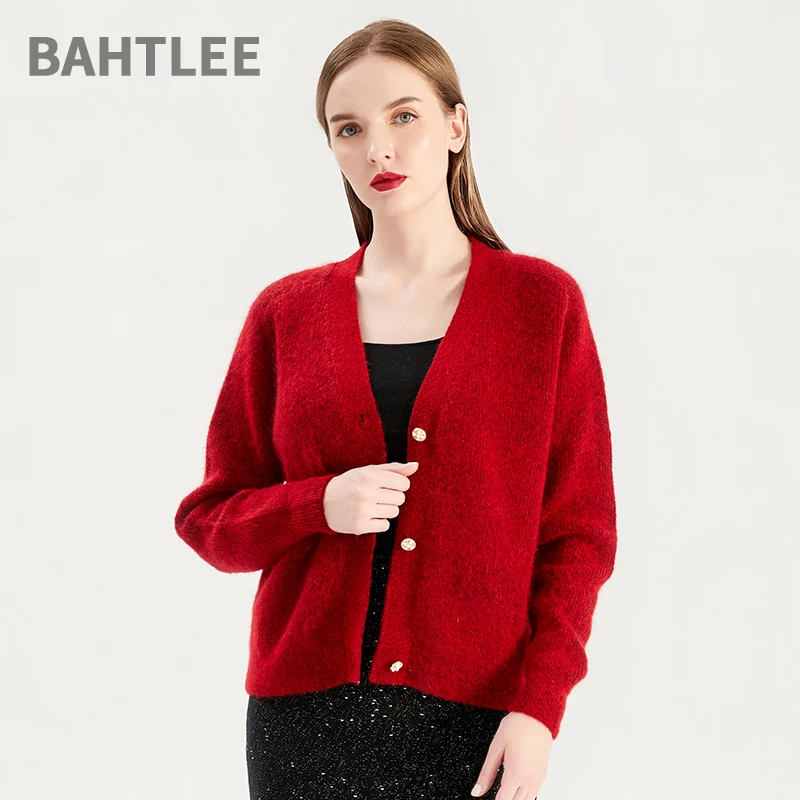 BAHTLEE-Women's Mohair Sweater, Wool Knitted Jumper, Long Sleeves, V-Neck Cardigan, Loose Style, Autumn