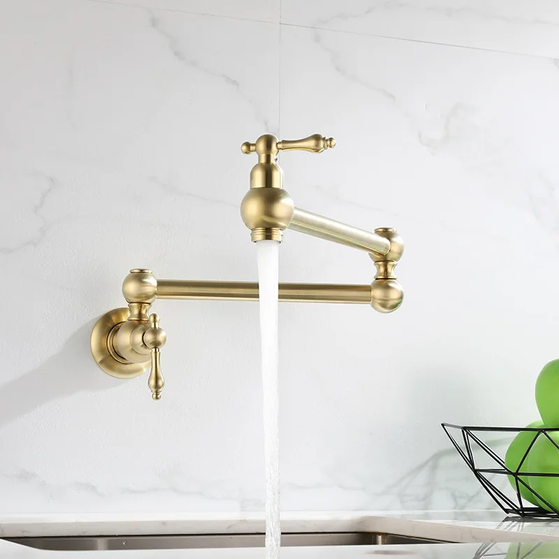 Tuqiu Pot Filler Tap Wall Mounted Foldable Brushed Gold Kitchen Faucet Single Cold  Sink Tap Rotate Folding Spout Chrome Brass