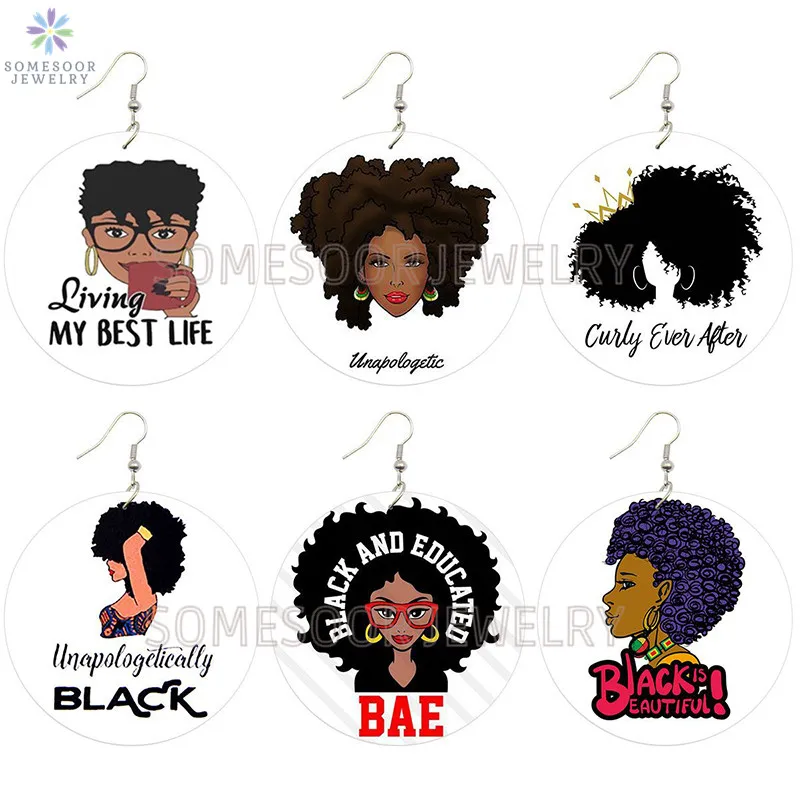 SOMESOOR Educated and Beautiftul Curly Black BAE Wooden Drop Earrings Afro Magic Natural Hair Arts Painted Wood For Women Gifts