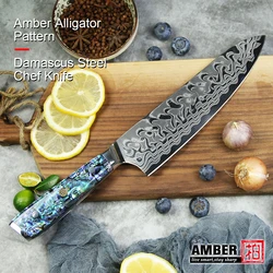 Amber Damascus Knife AUS10V 37 Layers 8 inch Knives Cooking Chef Nakiri Kiritsuke For Kitchen Abalone Shell Epoxy Resin Handle