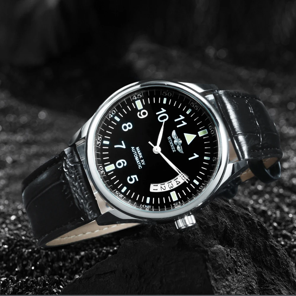 WINNER Business Automatic Watch for Men Fashion Calendar Window Black Dial Casual Leather Strap Luxury Brand Mechanical Watches