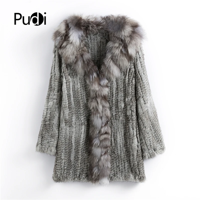 

CT903 Pudi New Autumn Women Genuine Rabbit Fur Coat With Real Fox Collar Lady Casual Winter Jacket Trench Free Shipping