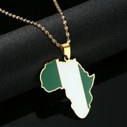 Stainless Steel Enamel Africa & Nigeria Map Pendant Necklaces Gold Color Nigerian Flag Jewelry Gift