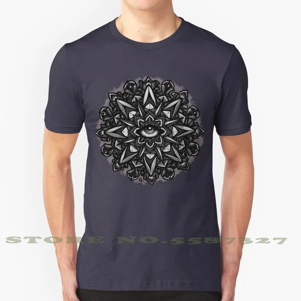 Mandala Eye Flower 100% Cotton T-Shirt Sacred Geometry All Seeing Eye Octagon Mandala Alchemy Occult Flower Black And Grey