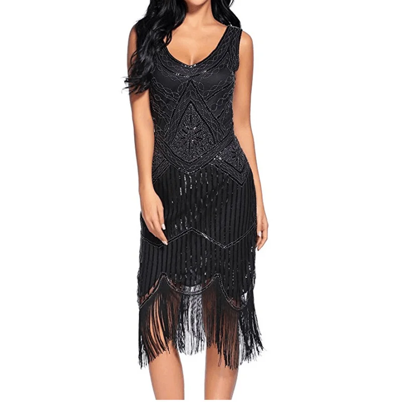 Women 1920s Great Gastby Sequin Art Deco Double Flapper Dresses Vintage V Neck Party Dress Embellished Fringed Summer Sleeveless