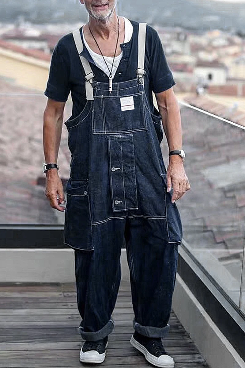 Denim Bib Siamese Overalls Jeans Mens Cargo Work Pant Functional Multiple Pockets Pants Coveralls Men Loose Dark Blue Trousers