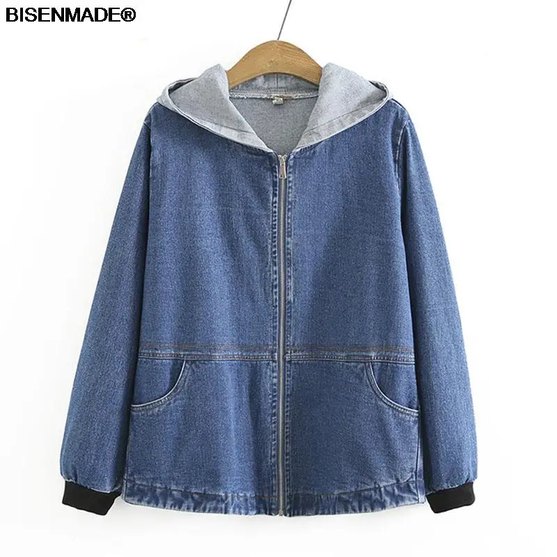 Women Clothing Coats Plus Size Autumn New Loose Casual Hooded Denim Jacket Female 873