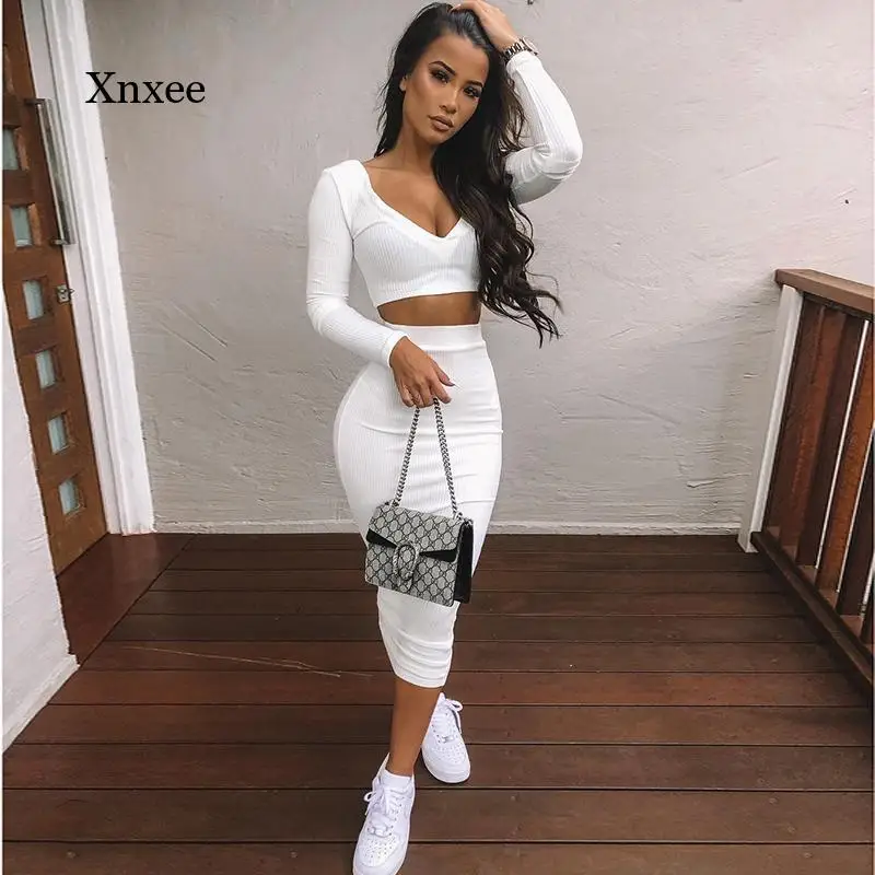 2021 Sexy Two-Piece Suit V-Neck Long-Sleeved Cropped Top Long Skirt Suit Party Costume Suit Suit Women\'s Two-Piece Suit