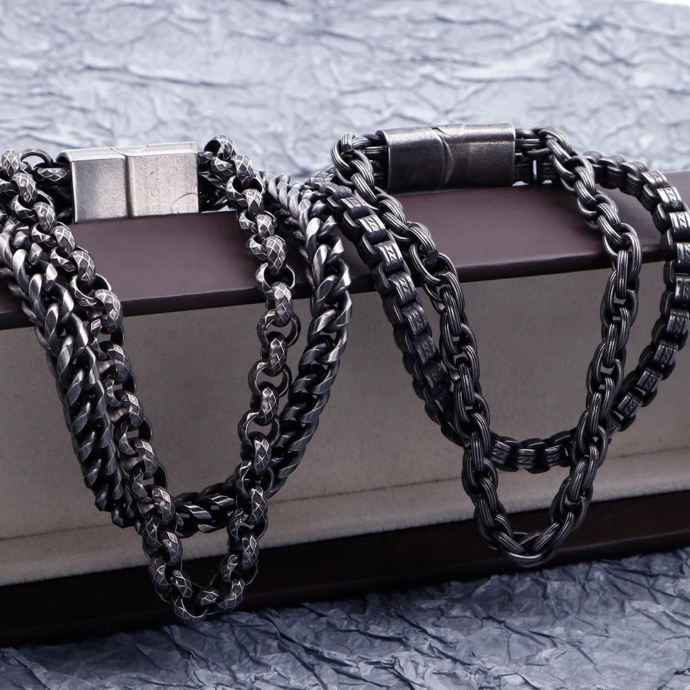 13mm Punk Retro Brush Black Double Chain Bracelet Men Women Hiphop Rock Cool Stainless Steel Biker Bike Bangle Jewelry