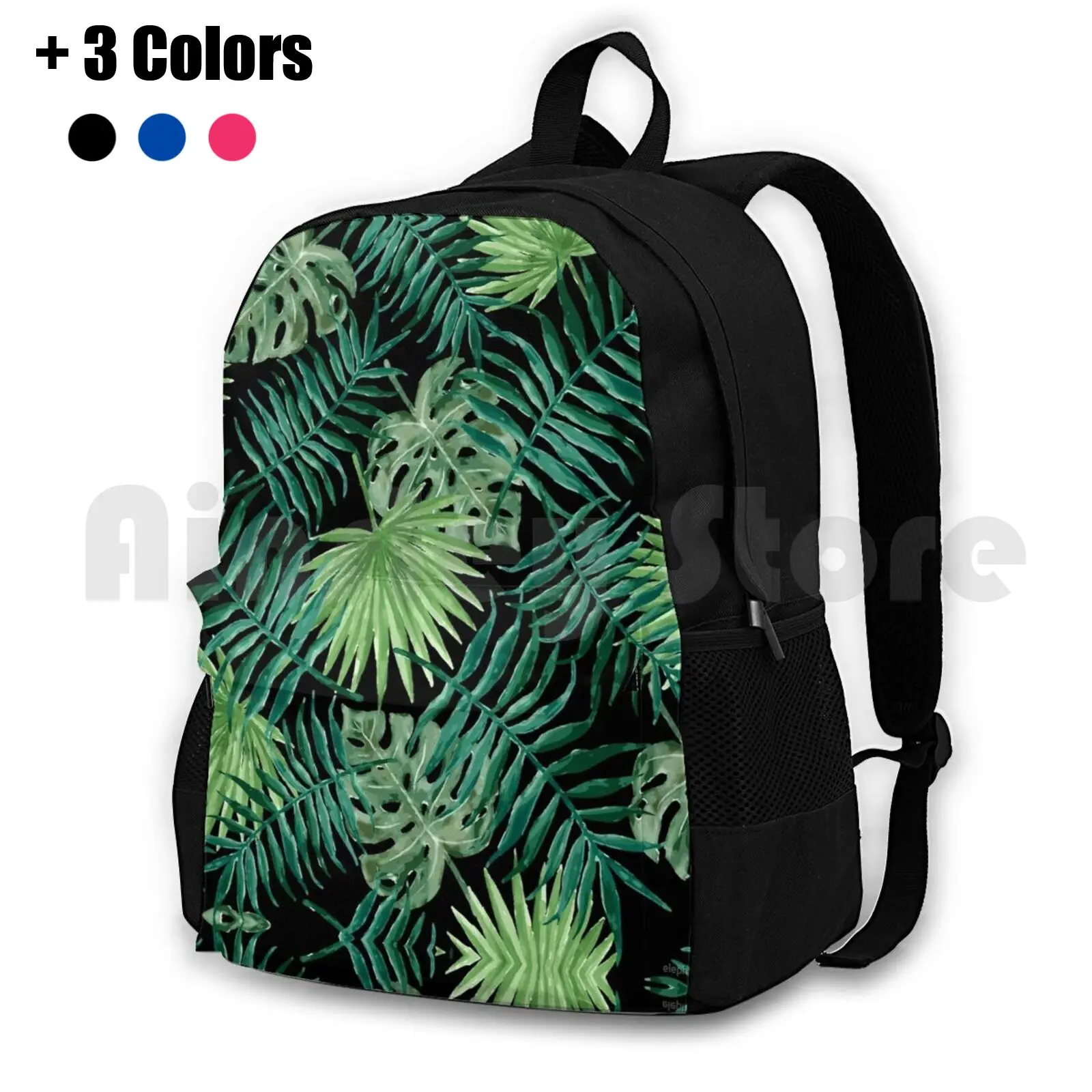 Tropical Palm Fronds And Ferns In Black Outdoor Hiking Backpack Riding Climbing Sports Bag Palm Fronds Tree Tropical Summer