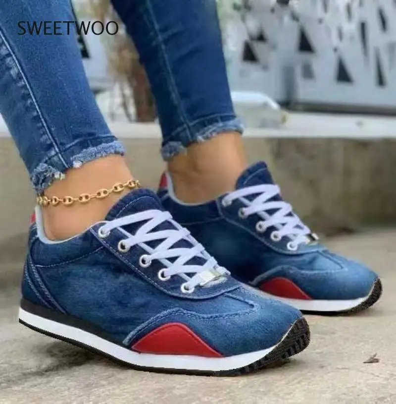 2021 casual single shoes women's large size sneakers denim spring and autumn flat vulcanized shoes