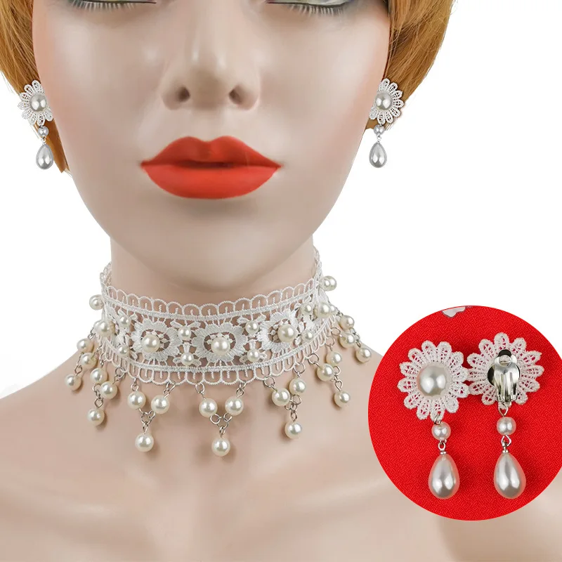 Vintage Lace Choker White Pearl Jewelry Necklace And Earring For Bridal Boho Handmade Wedding Accessories Y530