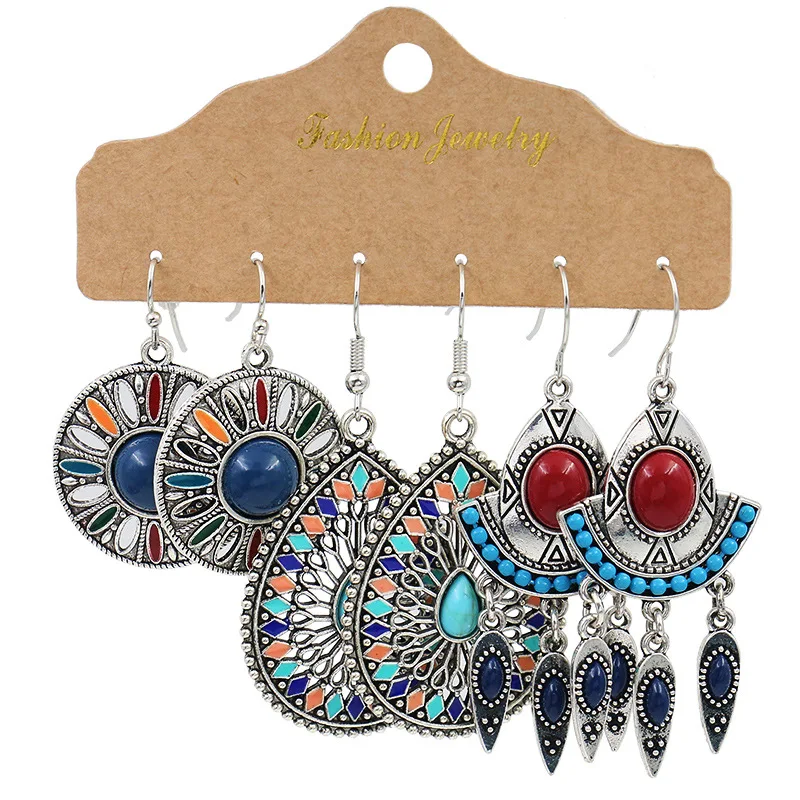 Bohemie Multicolor Dripping Oil Flower Earrings Set for Women Vintage Ethnic Geometric Round Tassel Big Drop Earrings Jewelry