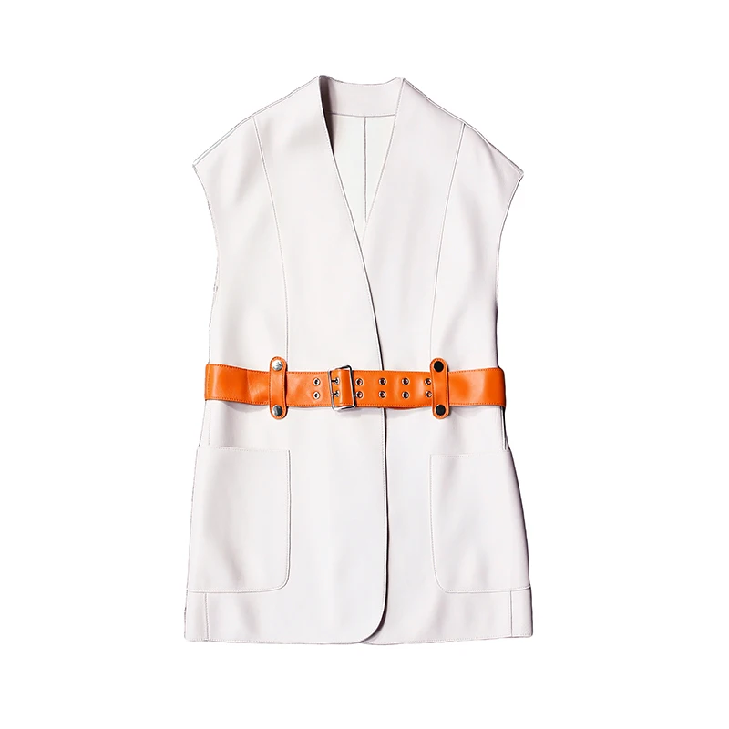 Mujer Ropa 2023 New Women Leather Silhouette Sleeveless Hit Color Vest With Belt Femme Casual Mid Length White Tops Streetwear