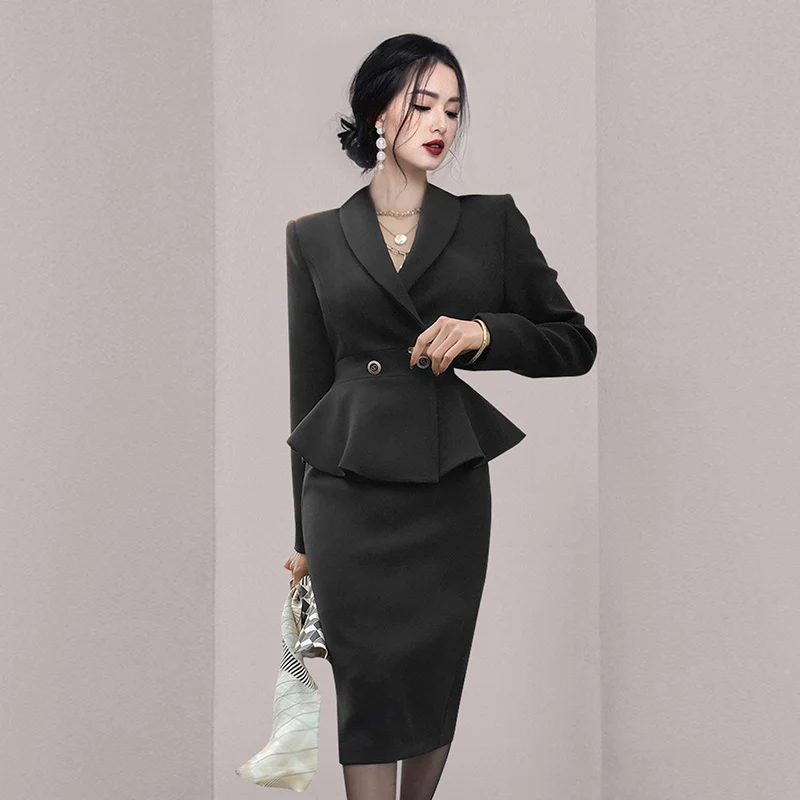 Women\'s V-Neck Long-Sleeved Suit Jacket and High Waist Pencil Skirt, Korean Fashion, Spring and Fall, New, 2-Piece Set